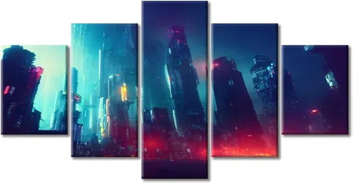 Vista 317 de Cuadros de 5 paneles de Cyberpunk City, arte de pared, representación de vallas publicitarias, edificios modernos en la capital con obras de arte