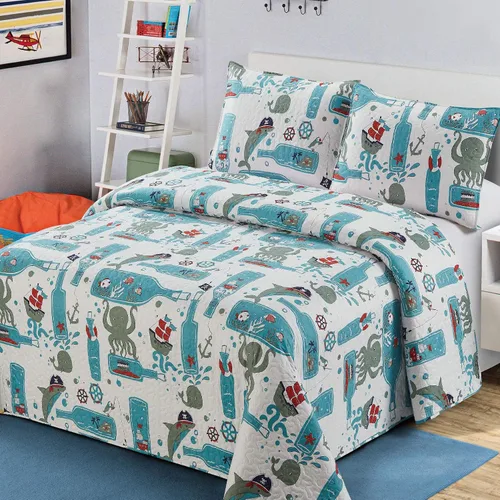 Vista 12 de Kids Zone Collection - Juego de colcha acolchada para niños y adolescentes, diseño de baloncesto y fútbol, azul marino y blanco, tamaño individual