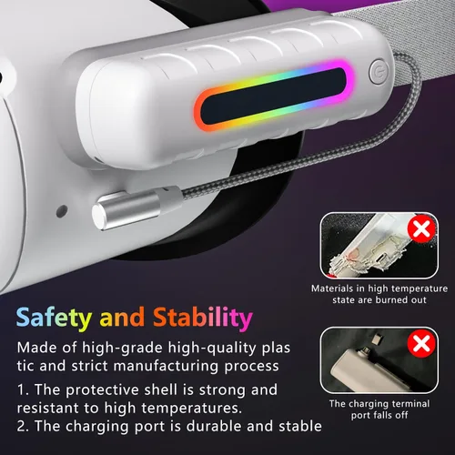 Vista 4 de Saqico Battery Pack for Oculus Quest 2/3/3S, 5000mAh Extended Power with Multi-Colors RGB Lights, Lightweight and Portable VR Extend Power