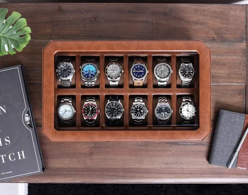 Vista 3 de ROTHWELL Caja de reloj de cuero con 12 ranuras, organizador de lujo para relojes, forro de microgamuza, soporte para relojes de joyería para hombre