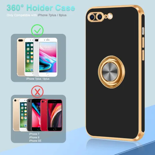 Vista 6 de Fingic Funda para iPhone 7 Plus, iPhone 8 Plus con soporte de anillo, soporte magnético giratorio de 360°, borde dorado brillante, funda protectora