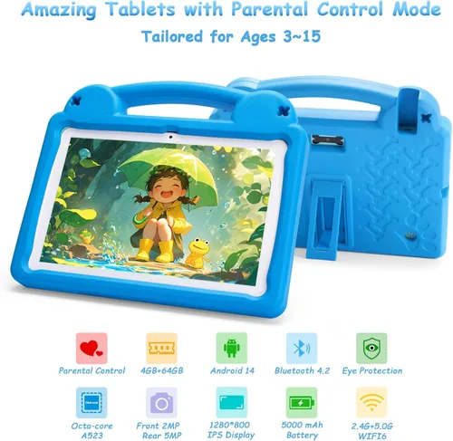 Vista 2 de Tableta de 10 pulgadas para niños con control parental, 8 (4+4) GB de RAM 64 GB ROM, Octa Core, WiFi 6, batería de 5000 mAh, GMS - Tableta para Azul