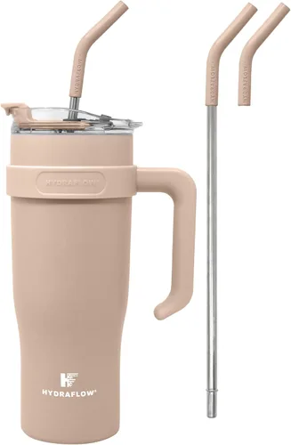 Vista 4 de HYDRAFLOW Capri - Vaso de 20 onzas con popote – Vaso aislado al vacío de triple pared – Vaso aislado al vacío – Vaso de acero inoxidable – Vaso