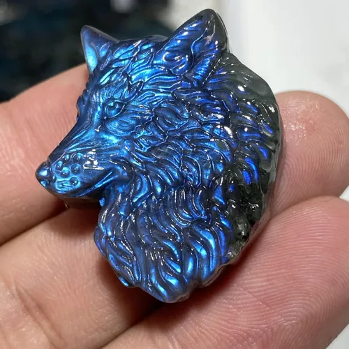 Vista 2 de TEAMWILL Cristal de labradorita natural de cuarzo tallado a mano cabeza de lobo Reiki cristal curativo magnífico escultura de piedra estatua estatua