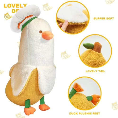Vista 2 de PEACH CAT Lindo Pato de Plátano Peluche Animal de Peluche Pato Chef de Plátano Largo Almohada de Felpa para Niñas y Niños Blanco 12 pulgadas