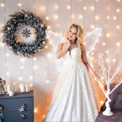 Vista 7 de SunnyLisa Alas de hadas blancas con luces blancas, con corona de flores y orejas de elfo y varita de hadas