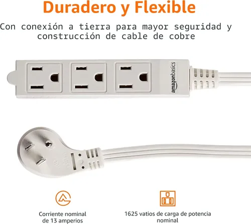 Vista 2 de Amazon Basics Cable de extensión rectangular de 3 pies de 3 clavijas para interiores, enchufe plano, conexión a tierra 13 amperios, 1625 vatios, 125