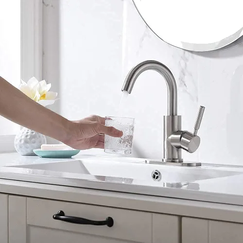 Vista 6 de Grifo de acero inoxidable de arco alto de un solo mango para fregadero de precocina/fregadero de bar/fregadero de baño por Phiestina, con placa