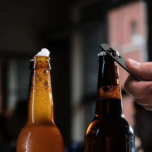 Vista 2 de Abrebotellas de acero inoxidable con forma de abrebotellas, abrelatas de cerveza negra, mango plano, abrebotellas de cerveza para el hogar, cocina
