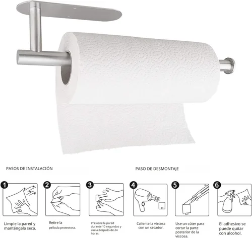 Vista 6 de Toalleros de papel para cocina, toallas de papel a granel, autoadhesivos, para debajo del gabinete, ambos disponibles en adhesivo y tornillos, acero