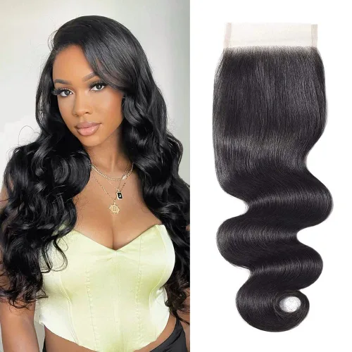 Vista 7 de Cierre de encaje de cabello humano lacio 4x4, parte libre HD, encaje suizo 100% sin procesar, cabello virgen brasileño 150% de densidad, color negro