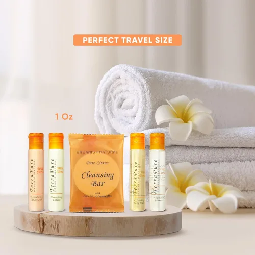 Vista 5 de Terra Pure Wild Citrus Toiletries Set Kit de Amenidades 1-Shoppe Champú de 1 oz, acondicionador, gel de baño, loción, jabón en barra de 1 onza