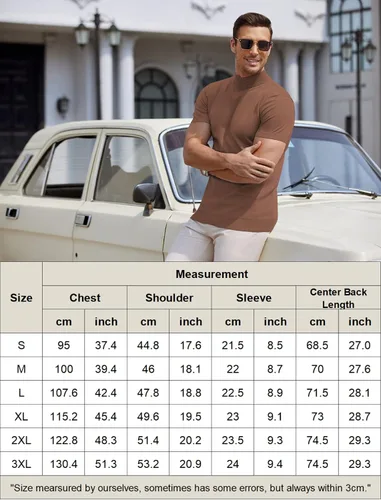 Vista 6 de COOFANDY Suéter de cuello alto falso para hombre, de manga corta, color sólido, básico, ajustado, de punto