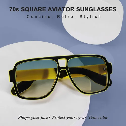 Vista 6 de Karsaer Gafas de sol estilo vintage de los años 70 para hombres y mujeres gafas de sol estilo aviador de doble puente cuadrado grueso retro piloto