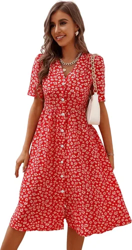 Vista 5 de Floerns Vestido midi de manga corta con cuello en V y botones en la parte delantera para mujer