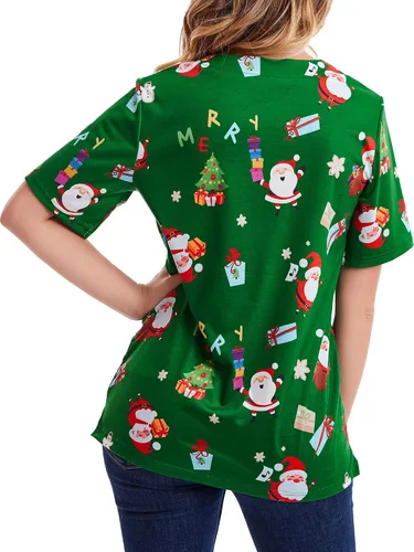 Vista 6 de Camiseta de manga corta con cuello en V para mujer, diseño de Navidad, color verde Navidad