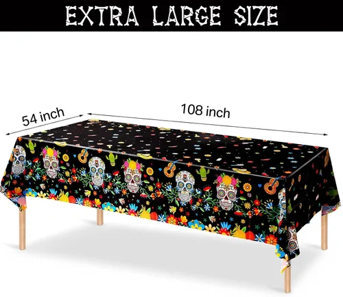 Vista 2 de Irenare Mantel de plástico con diseño de Día de los Muertos, diseño de calavera de azúcar, desechable, rectangular, para Halloween, cumpleaños Negro