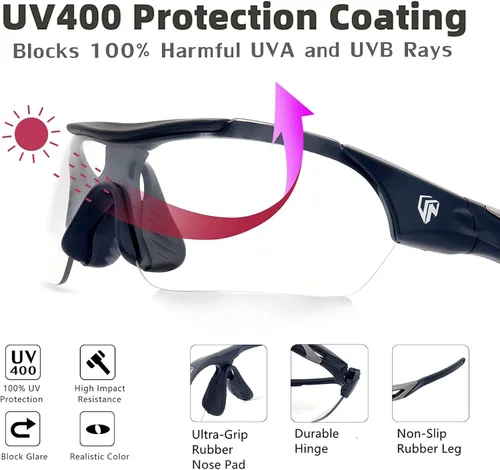 Vista 5 de UKNOW Lentes de sol fotocromáticos para hombres y mujeres, lentes de transición con lente de visión nocturna, gafas de sol deportivas para ciclismo