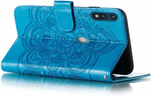 Vista 3 de Funda para Motorola Moto E (2020) con tarjetero y función atril magnético de cuero suave para Moto E 2020 (Azul)