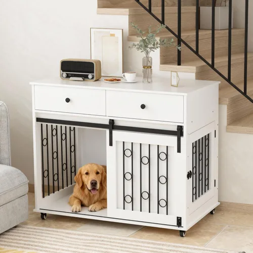 Vista 4 de Mueble moderno de madera para perros con cajones dobles y puerta corrediza de granero, mesa auxiliar decorativa para perrera con ruedas