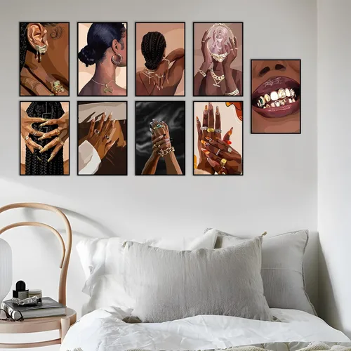 Vista 4 de VejiA Impresión artística femenina negra, pintura de pared de estilo bohemio, pintura decorativa abstracta de mujer afroamericana, adecuada