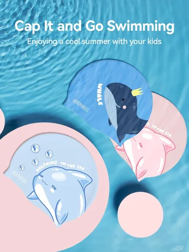 Vista 6 de COPOZZ Gorros de natación para niños, de silicona, impermeable, cómodo, gorro de natación para cabello largo y corto