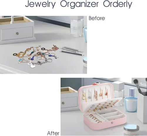 Vista 5 de Caja de joyería pequeña organizador de joyería de viaje para mujer caja de almacenamiento pequeña de 2 capas estuche de joyería para anillo collar