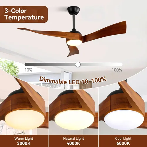 Vista 3 de Sofucor - Ventiladores de techo de 52 pulgadas con luces, ventilador de techo de madera sólida para interiores/exteriores con control remoto, motor