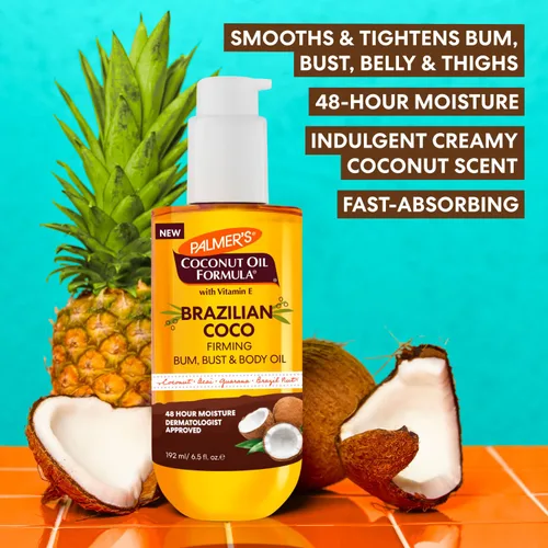 Vista 3 de Palmer's Fórmula de aceite de coco brasileño de coco reafirmante para el cuidado de la piel, mantequilla corporal batida (8.8 onzas) + aceite