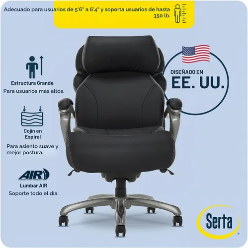 Vista 3 de Silla de oficina Serta grande y alta con capas inteligentes y tecnología de aire, Cuero, Negro