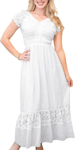 Vista 14 de Anna-Kaci Vestido Maxi de Doncella Campesina Renacentista Inspirado Boho con Manga Corta y Ribete de Encaje Beige
