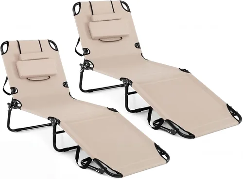 Vista 19 de Tangkula Sillón de playa, reclinable plegable para tomar el sol con agujero frontal, silla de bronceado boca abajo con respaldo ajustable de 4 Beige