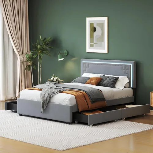 Vista 18 de Cama de plataforma flotante, marco de cama de madera tamaño individual con rayas claras, tela de lino suave y cabecera de diseño capitoné