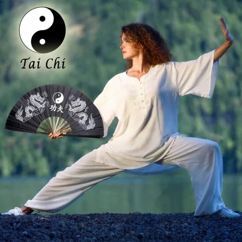 Vista 2 de OMyTea Ventilador de mano plegable grande de bambú para hombres y mujeres, ventilador de mano chino japonés de Kung Fu Tai Chi con funda de tela