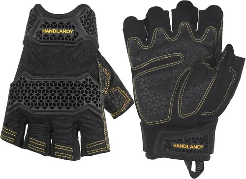 Vista 16 de HANDLANDY Guantes tácticos de impacto sin dedos para hombre, guantes de trabajo con agarre acolchado de medio dedo, guantes de conductor de Verde