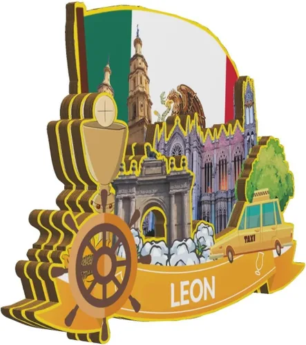 Vista 2 de Leon México imán imán de madera 3D hitos de viaje coleccionables, recuerdos decorativos hechos a mano -2009