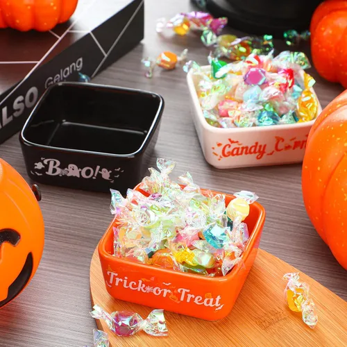 Vista 4 de Tanlade 3 piezas de tazón de caramelos de Halloween, mini plato para decoración de bandeja escalonada, tazón de caramelos de maíz cerámico