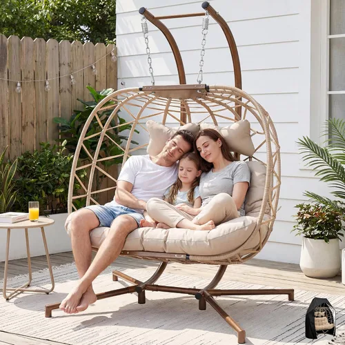 Vista 14 de NICESOUL Cómoda y cómoda silla de mimbre para exteriores con soporte, sillas plegables para patio con cojín, hamaca resistente de 350 libras