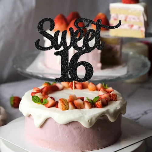 Vista 4 de Gyufise 1 decoración para tartas de 16 años con purpurina negra para cumpleaños de 16 años, decoración para felicitaciones a 16 años de edad