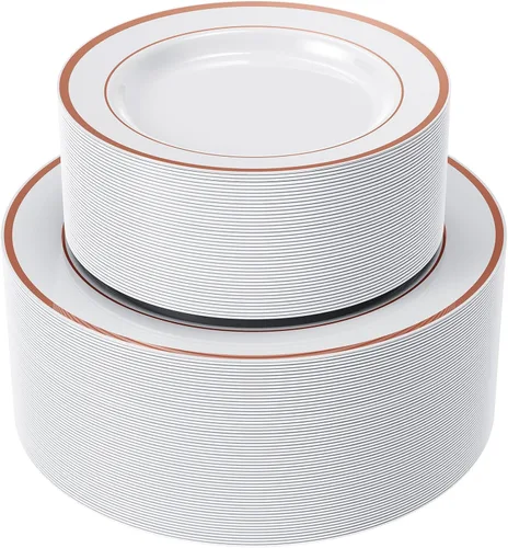 Vista 8 de FOCUSLINE Juego de 120 platos de plástico, platos desechables con borde Platos de plástico dorados