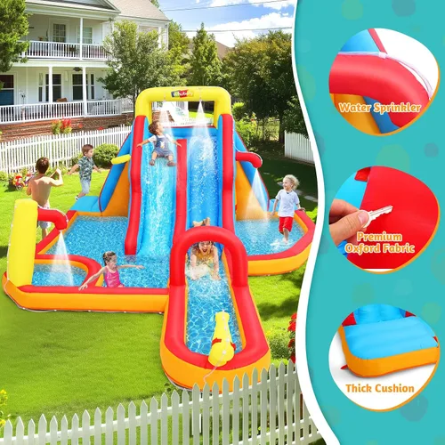 Vista 3 de AKEYDIY Tobogán acuático inflable de doble carril, tobogán acuático de rebote para niños de 3 a 12 años, parque acuático con tobogán de carreras