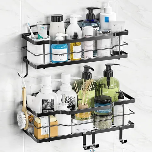 Vista 12 de Moforoco Estante organizador de estante para ducha, cesta autoadhesiva negra para estantes de baño, decoración interior de pared de casa de campo