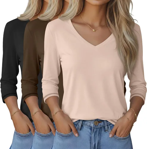 Vista 46 de Ficerd Paquete de 3 camisetas de manga 3/4 para mujer, cuello en V, blusas holgadas, blusas casuales, ropa de moda 2026
