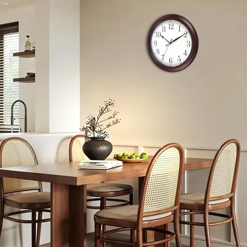 Vista 5 de Reloj de pared de madera redondo de 14 pulgadas, funciona con pilas, sin tictac, analógico, rústico, para cocina, sala de estar, dormitorio, día
