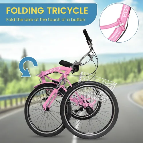 Vista 8 de NAIZEA Triciclo plegable para adultos, 7 velocidades, 20/24/26 pulgadas, triciclo plegable para adultos, bicicleta de 3 ruedas, triciclo plegable
