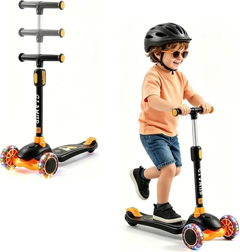 Vista 9 de GLAMUP Patinete para niños de 3 ruedas, manillar ajustable en altura para niños, sistema de inclinación para dirección y mecanismo de fácil plegado