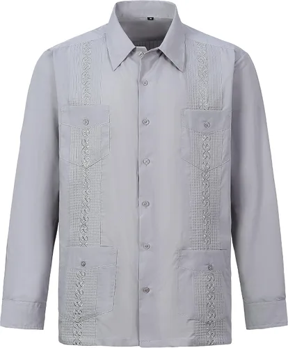 Vista 13 de MAXJON Camisas de guayabera de manga larga para hombre, camisas cubanas