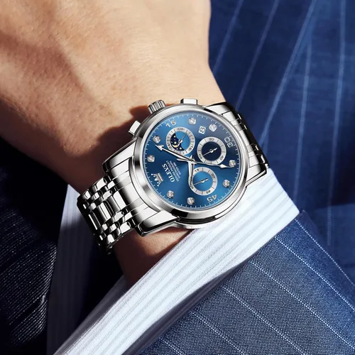 Vista 3 de OLEVS Reloj cronógrafo para hombre, esfera grande, multifuncional, fácil de leer, de acero inoxidable, analógico, de cuarzo, con fecha, de lujo