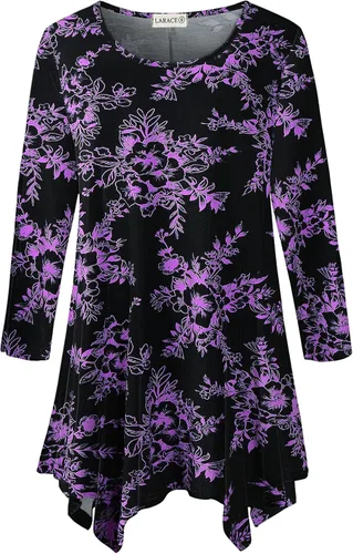 Vista 12 de LARACE - Camisa de talla extragrande para mujer, camisa tipo túnica con manga 3/4, ajuste holgado, ropa básica para mujer 2-negro_cuadros