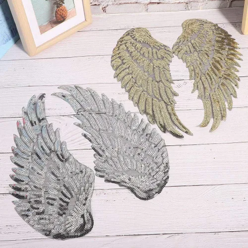 Vista 6 de Lentejuelas alas de ángel, 2 pares de apliques bordados para bricolaje, alas brillantes para coser/planchar en parches de reparación, suministros